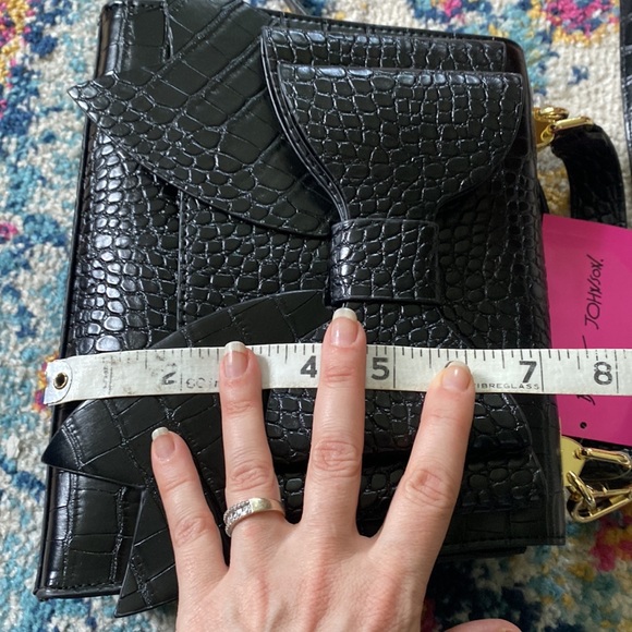 Betsey Johnson Double Bow Top Handle Crossbody + Satchel, Black & Gold - Picture 9 of 13